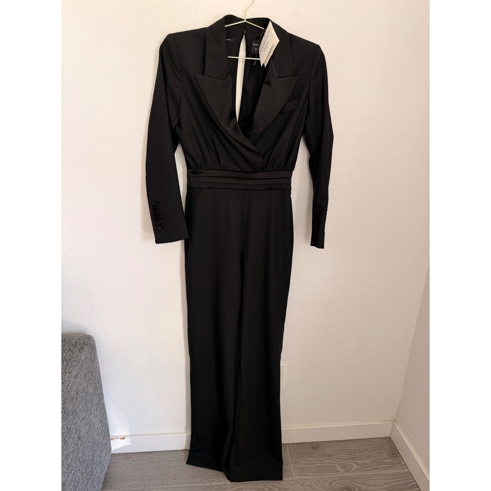 Massimo Dutti Studio Black Woman Tuxedo Jumpsuit Satin Trim Cutout Back Sz 4 NWT
